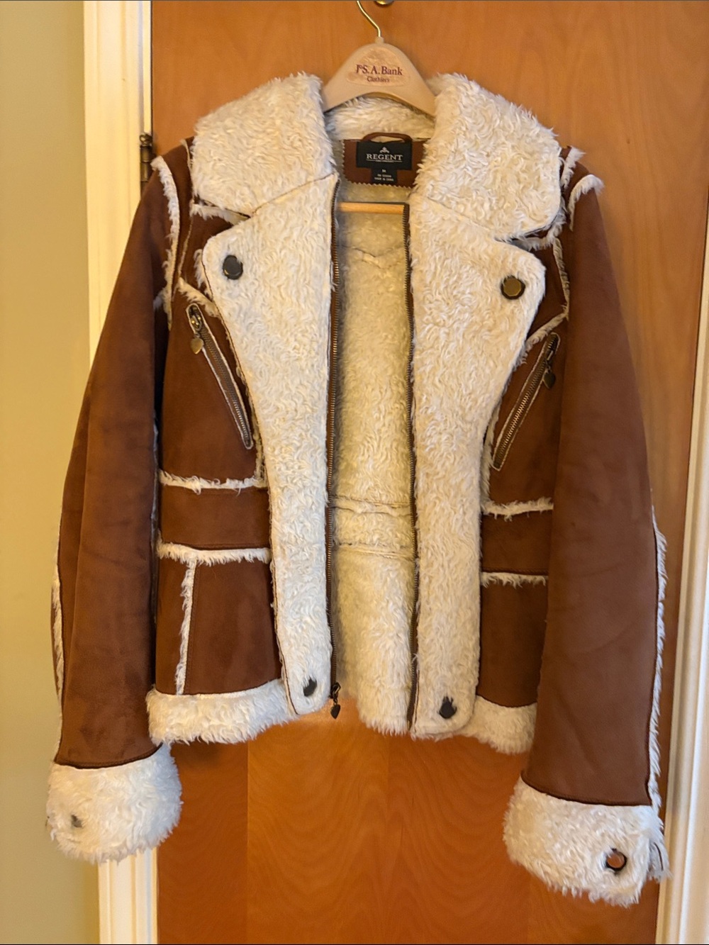 Brown Suede Shearling Jacket with Cream Fur Trim